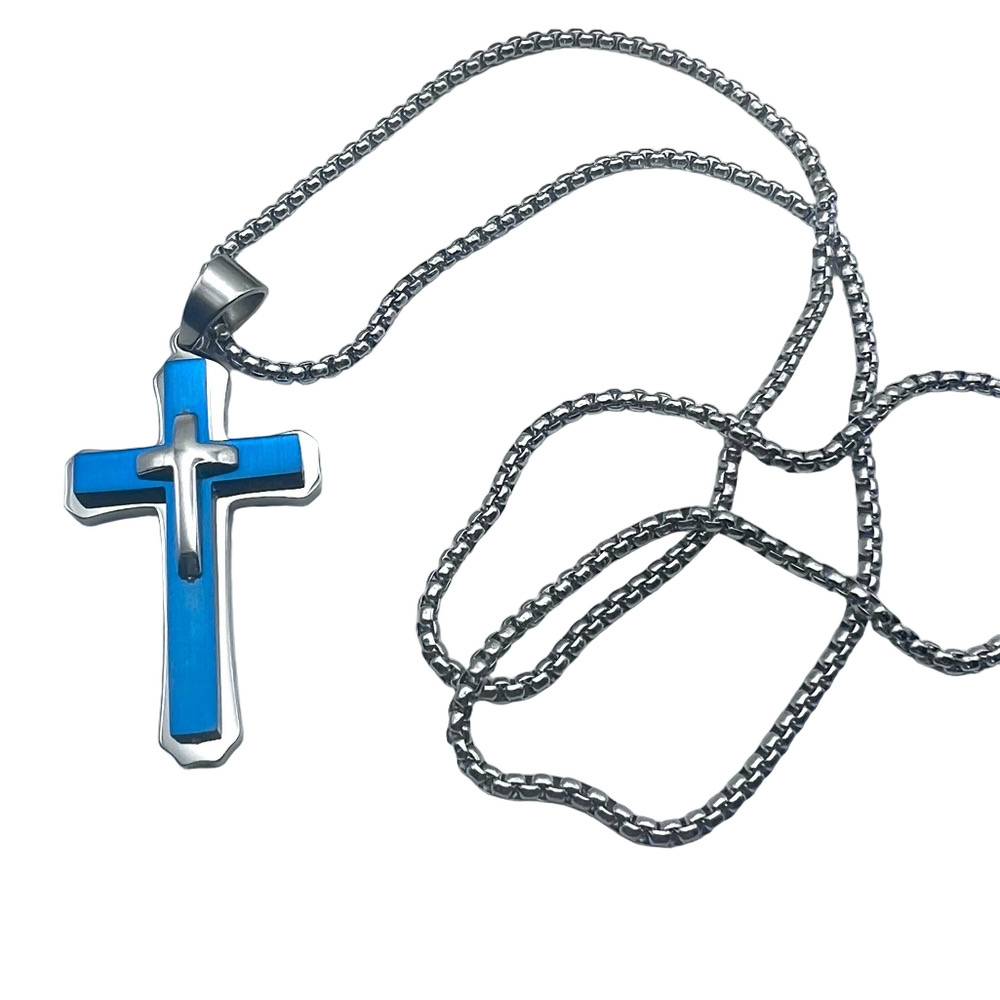 NEW Blackjack, Stainless Steel Blue Cross Pendant Necklace